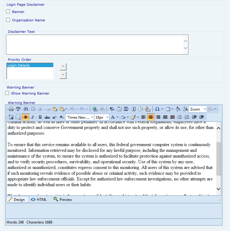Login page disclaimer with priority order and warning banner options displayed.